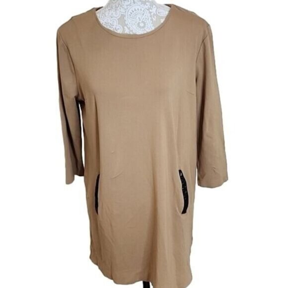 Philosophy Mini Dress Tan 3/4 Sleeves Leather Trimmed Pockets Women's Large - Picture 1 of 5